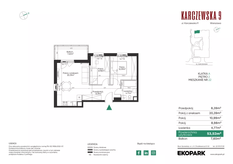 3 pokoje, mieszkanie 53,52 m², piętro 2, oferta nr 22, Karczewska 9, Warszawa, Praga Południe, Grochów, ul. Karczewska 9