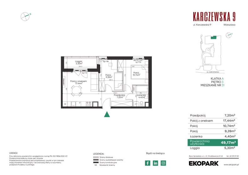 3 pokoje, mieszkanie 49,17 m², piętro 3, oferta nr 31, Karczewska 9, Warszawa, Praga Południe, Grochów, ul. Karczewska 9