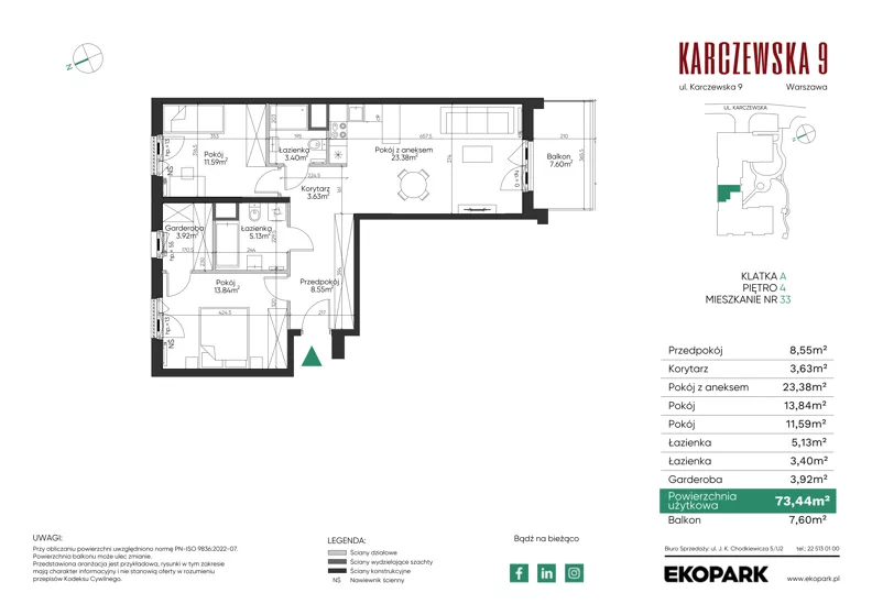 3 pokoje, mieszkanie 73,44 m², piętro 4, oferta nr 33, Karczewska 9, Warszawa, Praga Południe, Grochów, ul. Karczewska 9