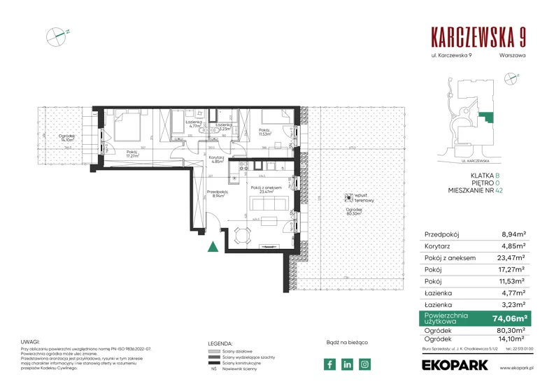 3 pokoje, mieszkanie 74,06 m², parter, oferta nr 42, Karczewska 9, Warszawa, Praga Południe, Grochów, ul. Karczewska 9
