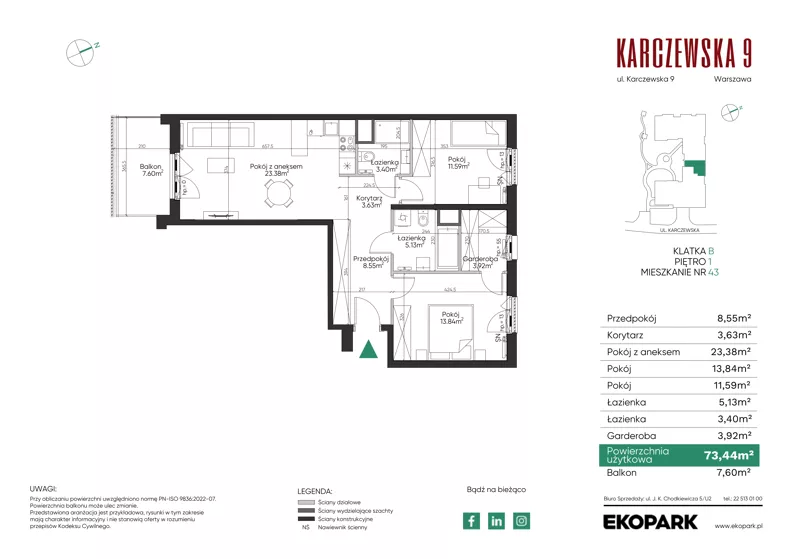 3 pokoje, mieszkanie 73,44 m², piętro 1, oferta nr 43, Karczewska 9, Warszawa, Praga Południe, Grochów, ul. Karczewska 9