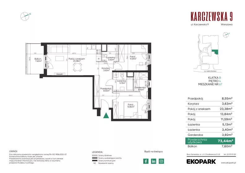 3 pokoje, mieszkanie 73,44 m², piętro 4, oferta nr 67, Karczewska 9, Warszawa, Praga Południe, Grochów, ul. Karczewska 9
