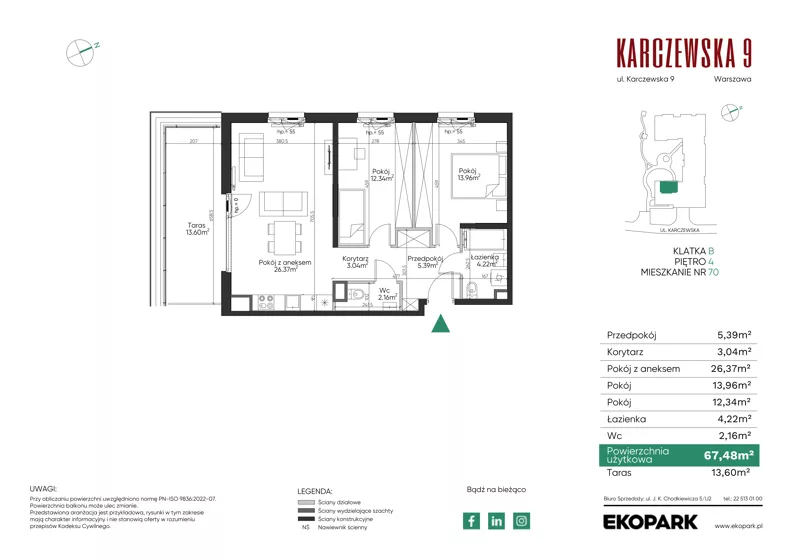 3 pokoje, mieszkanie 67,48 m², piętro 4, oferta nr 70, Karczewska 9, Warszawa, Praga Południe, Grochów, ul. Karczewska 9