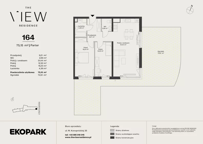 3 pokoje, mieszkanie 75,15 m², parter, oferta nr 164, The View, Kraków, Dębniki, Ludwinów, ul. Marii Konopnickiej 35