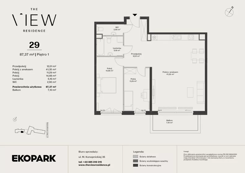 3 pokoje, mieszkanie 87,37 m², piętro 1, oferta nr 29, The View, Kraków, Dębniki, Ludwinów, ul. Marii Konopnickiej 35