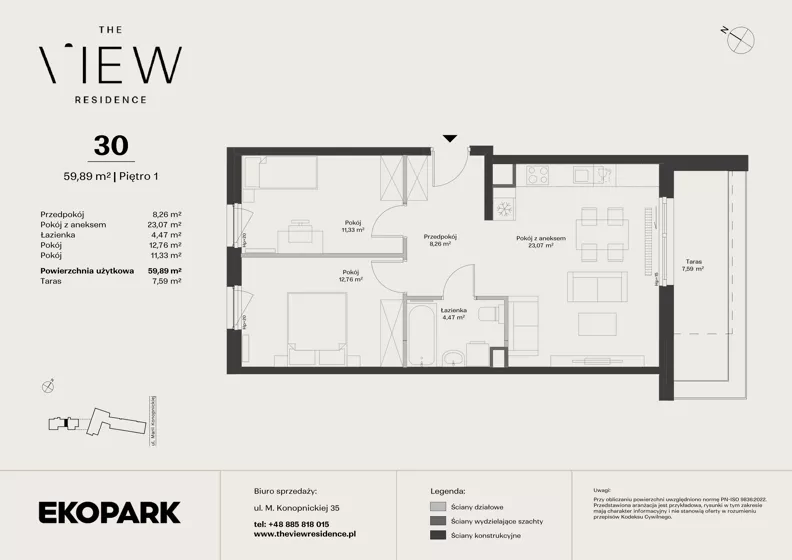 3 pokoje, mieszkanie 59,85 m², piętro 1, oferta nr 30, The View, Kraków, Dębniki, Ludwinów, ul. Marii Konopnickiej 35