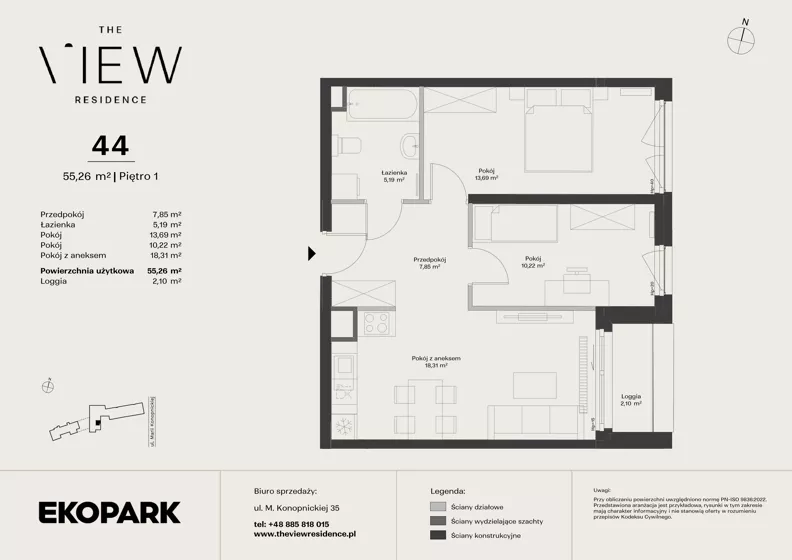3 pokoje, mieszkanie 55,26 m², piętro 1, oferta nr 44, The View, Kraków, Dębniki, Ludwinów, ul. Marii Konopnickiej 35