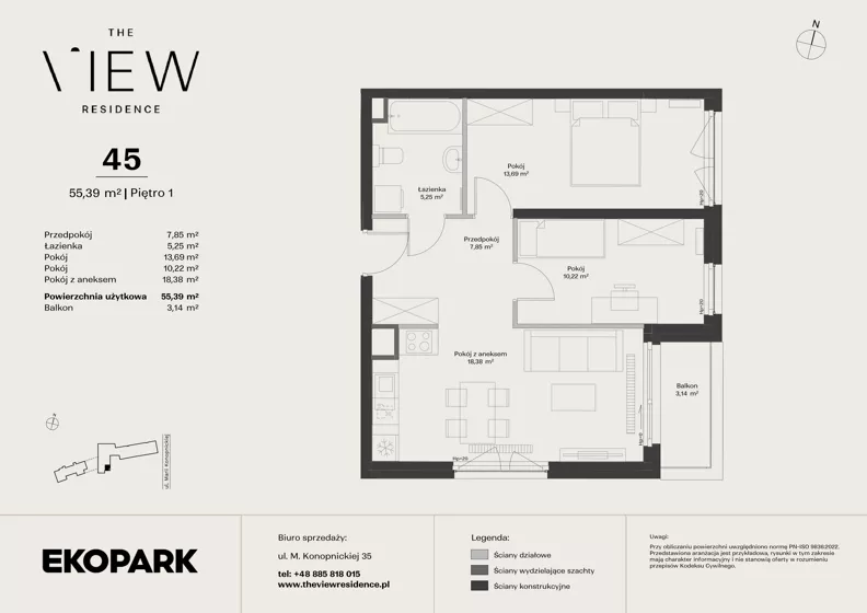 3 pokoje, mieszkanie 55,39 m², piętro 1, oferta nr 45, The View, Kraków, Dębniki, Ludwinów, ul. Marii Konopnickiej 35