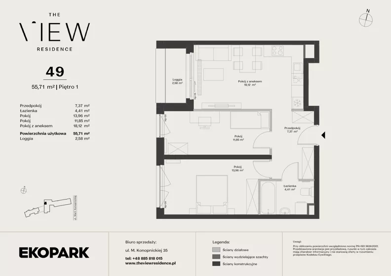 3 pokoje, mieszkanie 55,71 m², piętro 1, oferta nr 49, The View, Kraków, Dębniki, Ludwinów, ul. Marii Konopnickiej 35