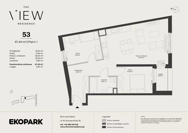3 pokoje, mieszkanie 67,49 m², piętro 1, oferta nr 53, The View, Kraków, Dębniki, Ludwinów, ul. Marii Konopnickiej 35