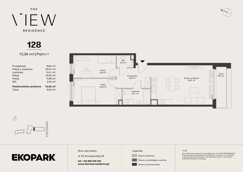 3 pokoje, mieszkanie 72,38 m², piętro 1, oferta nr 128, The View, Kraków, Dębniki, Ludwinów, ul. Marii Konopnickiej 35