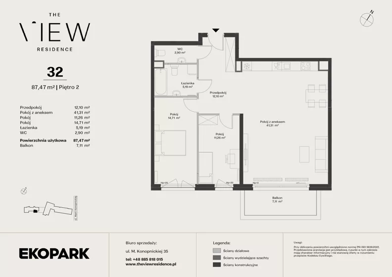 3 pokoje, mieszkanie 87,47 m², piętro 2, oferta nr 32, The View, Kraków, Dębniki, Ludwinów, ul. Marii Konopnickiej 35
