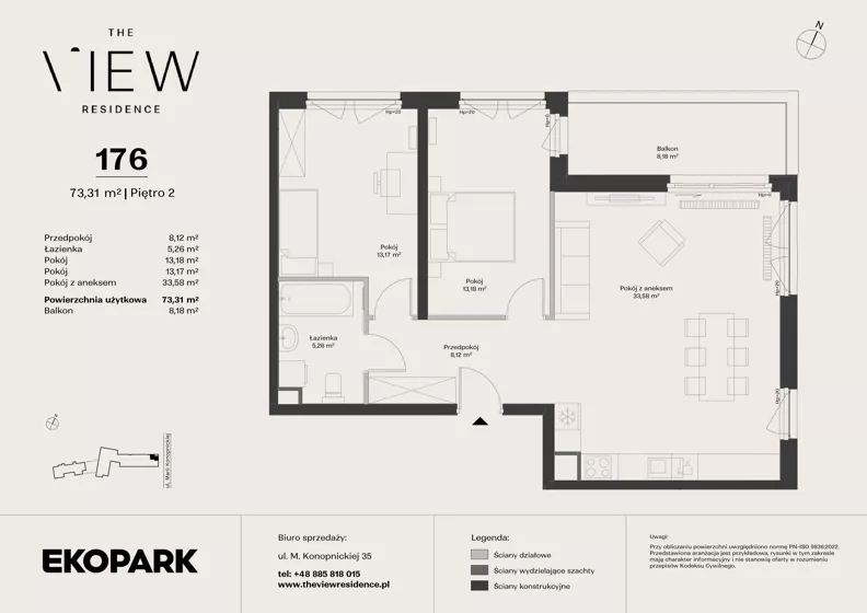 3 pokoje, mieszkanie 73,31 m², piętro 2, oferta nr 176, The View, Kraków, Dębniki, Ludwinów, ul. Marii Konopnickiej 35