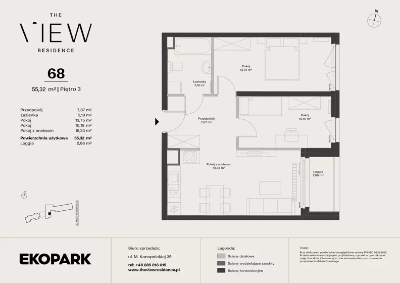 3 pokoje, mieszkanie 55,32 m², piętro 3, oferta nr 68, The View, Kraków, Dębniki, Ludwinów, ul. Marii Konopnickiej 35