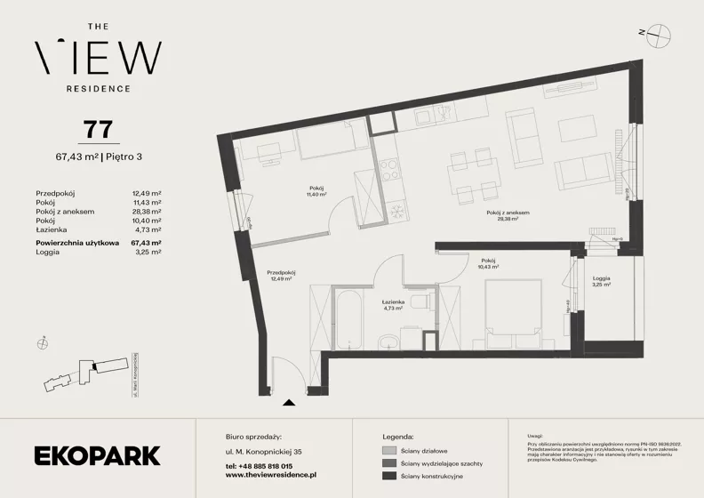 3 pokoje, mieszkanie 67,43 m², piętro 3, oferta nr 77, The View, Kraków, Dębniki, Ludwinów, ul. Marii Konopnickiej 35