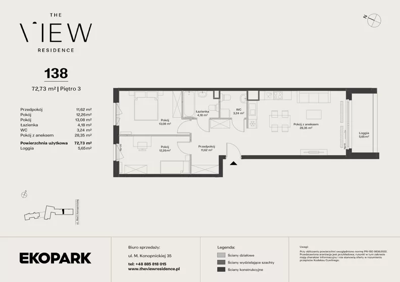 3 pokoje, mieszkanie 72,73 m², piętro 3, oferta nr 138, The View, Kraków, Dębniki, Ludwinów, ul. Marii Konopnickiej 35