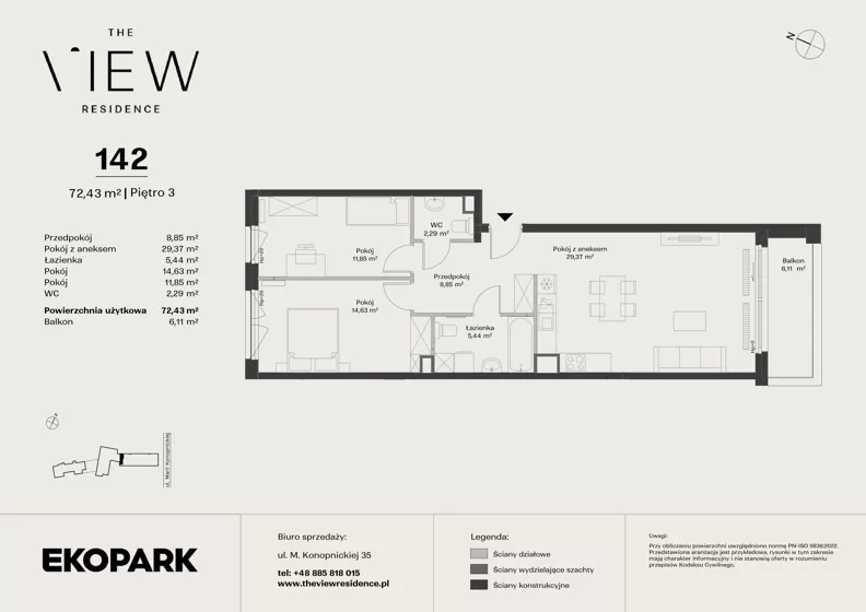 3 pokoje, mieszkanie 72,43 m², piętro 3, oferta nr 142, The View, Kraków, Dębniki, Ludwinów, ul. Marii Konopnickiej 35