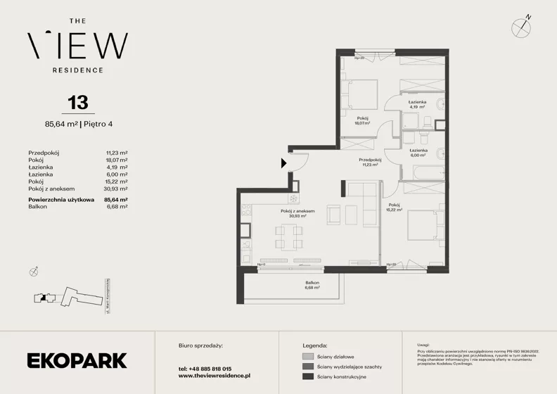 3 pokoje, mieszkanie 85,64 m², piętro 4, oferta nr 13, The View, Kraków, Dębniki, Ludwinów, ul. Marii Konopnickiej 35