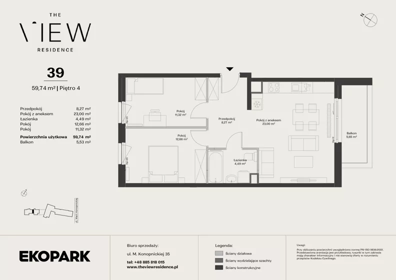 3 pokoje, mieszkanie 59,74 m², piętro 4, oferta nr 39, The View, Kraków, Dębniki, Ludwinów, ul. Marii Konopnickiej 35