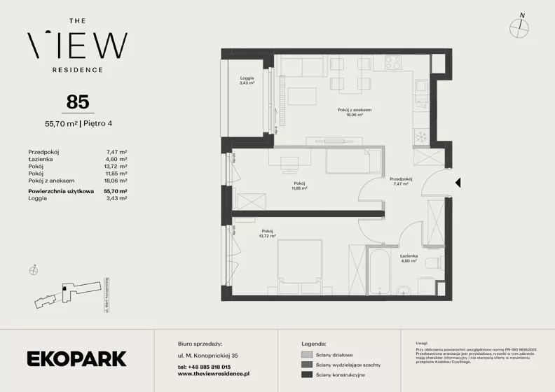 3 pokoje, mieszkanie 55,70 m², piętro 4, oferta nr 85, The View, Kraków, Dębniki, Ludwinów, ul. Marii Konopnickiej 35