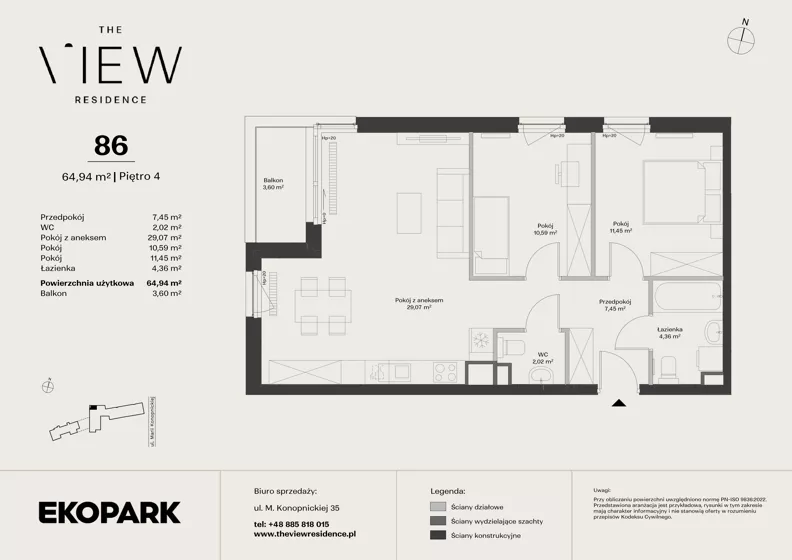 3 pokoje, mieszkanie 64,94 m², piętro 4, oferta nr 86, The View, Kraków, Dębniki, Ludwinów, ul. Marii Konopnickiej 35