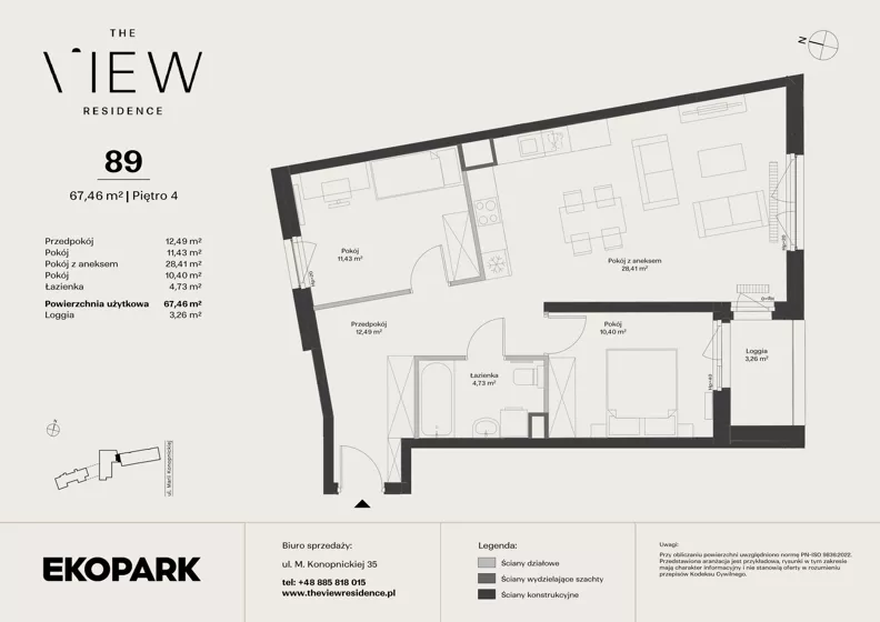 3 pokoje, mieszkanie 67,46 m², piętro 4, oferta nr 89, The View, Kraków, Dębniki, Ludwinów, ul. Marii Konopnickiej 35