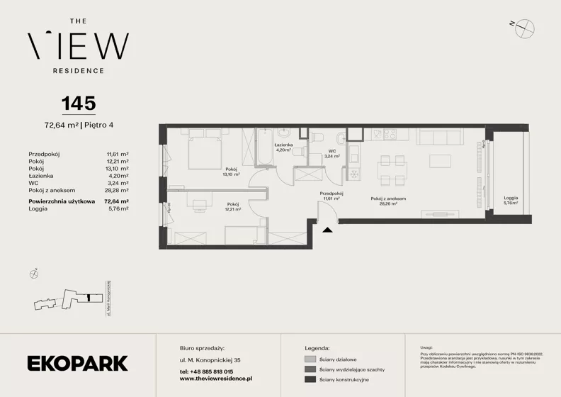 3 pokoje, mieszkanie 72,64 m², piętro 4, oferta nr 145, The View, Kraków, Dębniki, Ludwinów, ul. Marii Konopnickiej 35