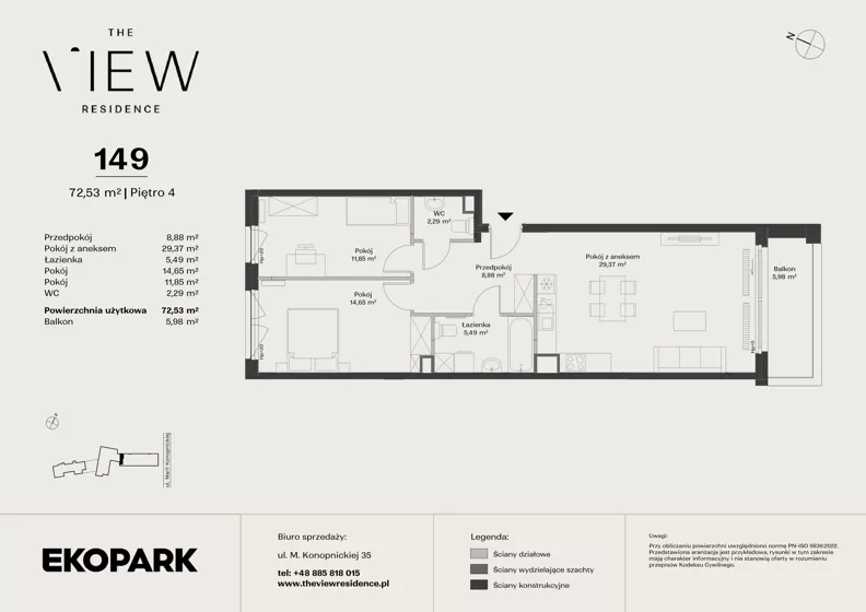 3 pokoje, mieszkanie 72,53 m², piętro 4, oferta nr 149, The View, Kraków, Dębniki, Ludwinów, ul. Marii Konopnickiej 35