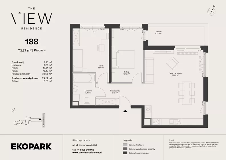 3 pokoje, mieszkanie 73,27 m², piętro 4, oferta nr 188, The View, Kraków, Dębniki, Ludwinów, ul. Marii Konopnickiej 35