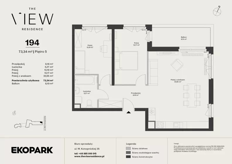 3 pokoje, mieszkanie 73,34 m², piętro 5, oferta nr 194, The View, Kraków, Dębniki, Ludwinów, ul. Marii Konopnickiej 35