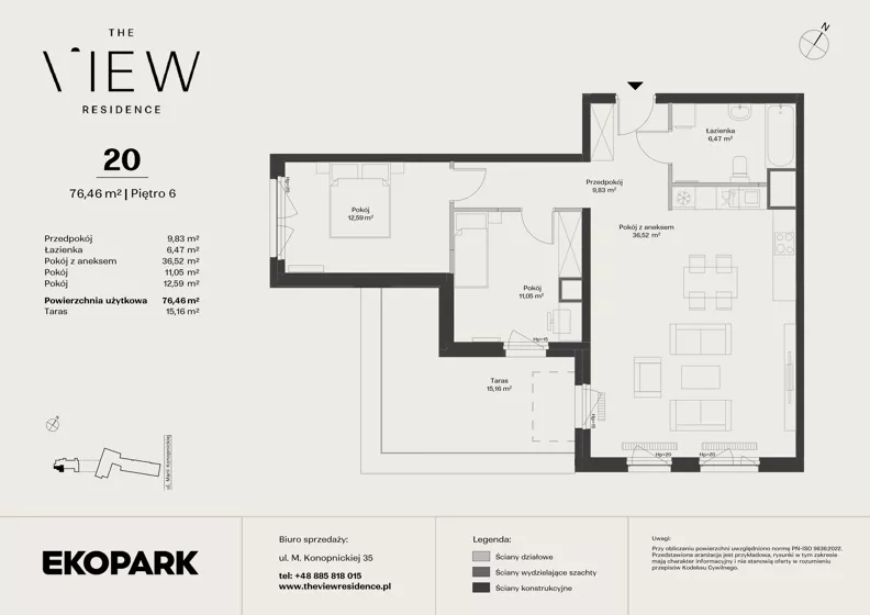 3 pokoje, mieszkanie 76,46 m², piętro 6, oferta nr 20, The View, Kraków, Dębniki, Ludwinów, ul. Marii Konopnickiej 35