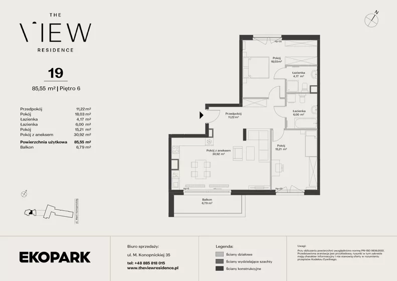 3 pokoje, mieszkanie 85,55 m², piętro 6, oferta nr 19, The View, Kraków, Dębniki, Ludwinów, ul. Marii Konopnickiej 35