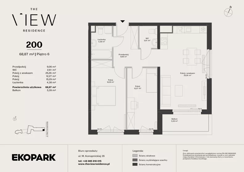 3 pokoje, mieszkanie 68,87 m², piętro 6, oferta nr 200, The View, Kraków, Dębniki, Ludwinów, ul. Marii Konopnickiej 35