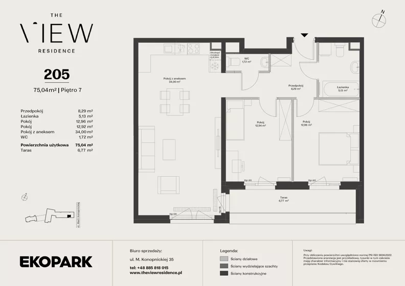 3 pokoje, mieszkanie 75,04 m², piętro 7, oferta nr 205, The View, Kraków, Dębniki, Ludwinów, ul. Marii Konopnickiej 35