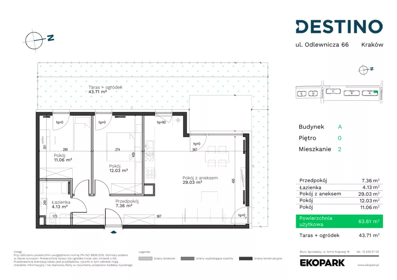3 pokoje, mieszkanie 63,61 m², parter, oferta nr A-2, Destino, Kraków, Bronowice, Bronowice Małe, ul. Odlewnicza/Bakałarzy