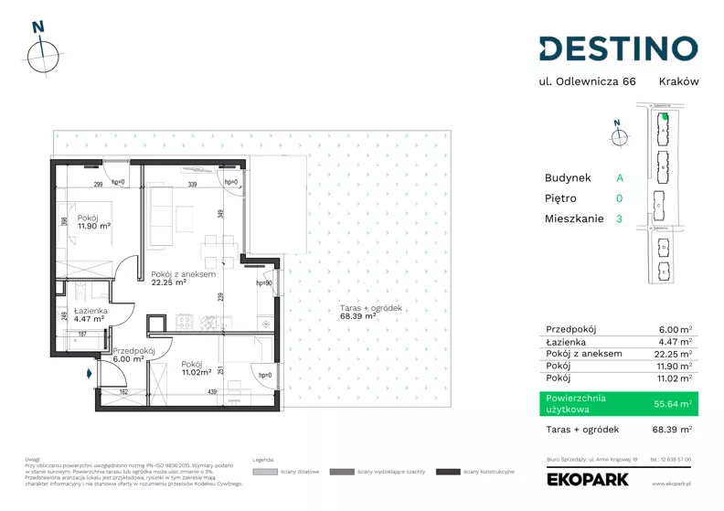 3 pokoje, mieszkanie 55,64 m², parter, oferta nr A-3, Destino, Kraków, Bronowice, Bronowice Małe, ul. Odlewnicza/Bakałarzy