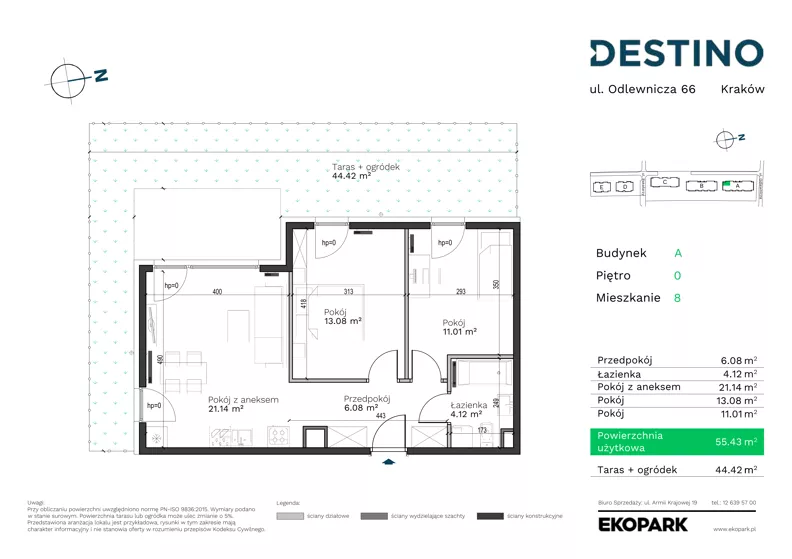 3 pokoje, mieszkanie 55,43 m², parter, oferta nr A-8, Destino, Kraków, Bronowice, Bronowice Małe, ul. Odlewnicza/Bakałarzy