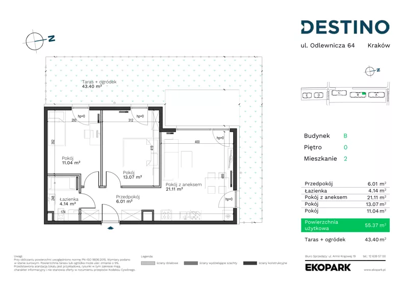 3 pokoje, mieszkanie 55,37 m², parter, oferta nr B-2, Destino, Kraków, Bronowice, Bronowice Małe, ul. Odlewnicza/Bakałarzy