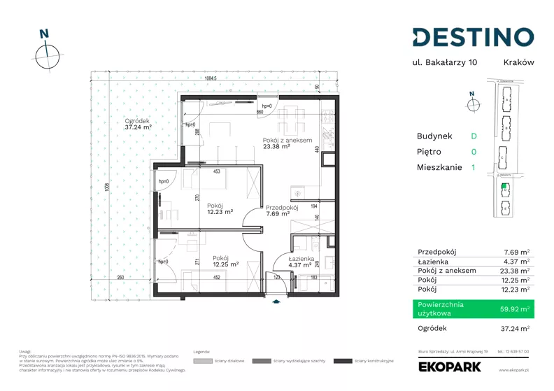3 pokoje, mieszkanie 59,92 m², parter, oferta nr D-1, Destino, Kraków, Bronowice, Bronowice Małe, ul. Odlewnicza/Bakałarzy