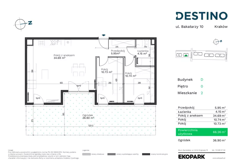 3 pokoje, mieszkanie 66,26 m², parter, oferta nr D-2, Destino, Kraków, Bronowice, Bronowice Małe, ul. Odlewnicza/Bakałarzy