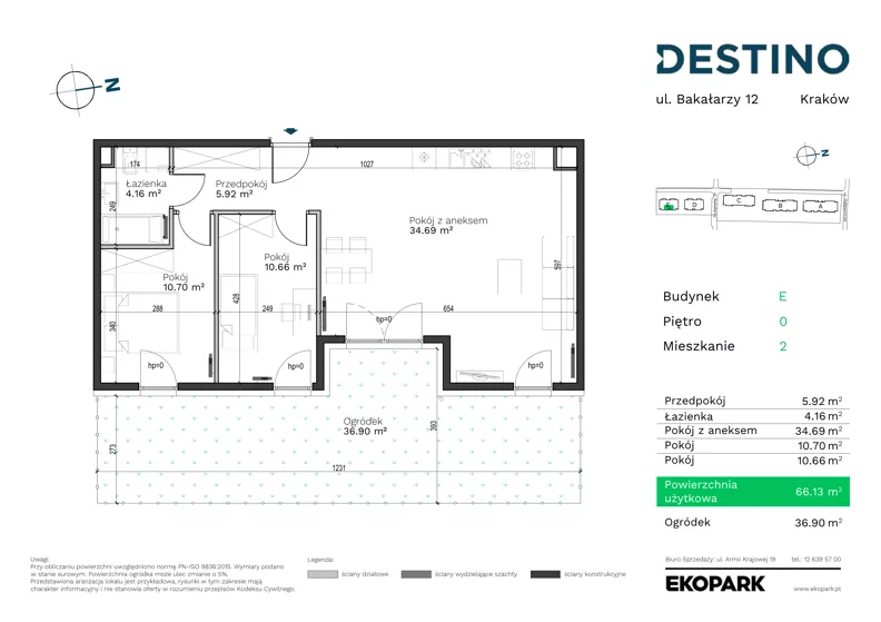 3 pokoje, mieszkanie 66,13 m², parter, oferta nr E-2, Destino, Kraków, Bronowice, Bronowice Małe, ul. Odlewnicza/Bakałarzy