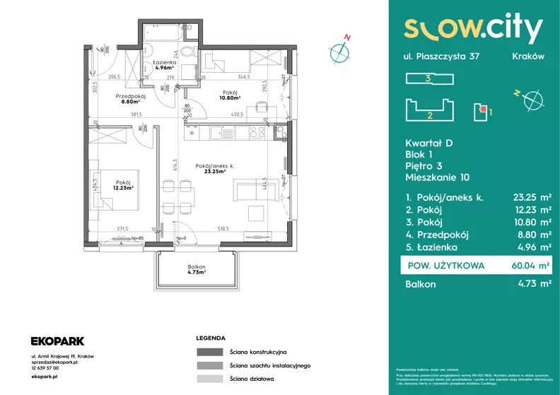 3 pokoje, mieszkanie 60,04 m², piętro 3, oferta nr D1-10, Slow City - Etap D, Kraków, Prądnik Biały, ul. Piaszczysta 39 - 41