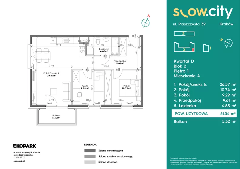 3 pokoje, mieszkanie 61,04 m², piętro 1, oferta nr D2-4, Slow City - Etap D, Kraków, Prądnik Biały, ul. Piaszczysta 39 - 41