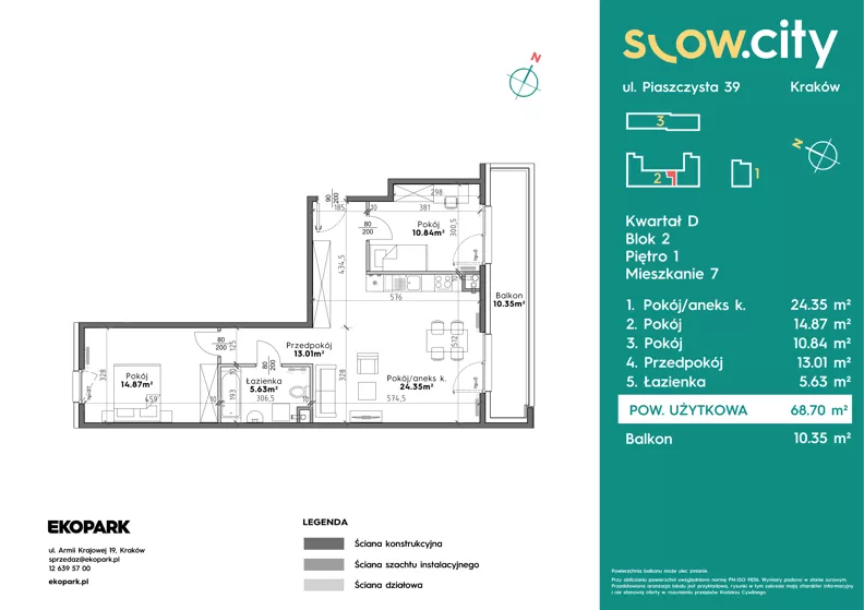 3 pokoje, mieszkanie 68,70 m², piętro 1, oferta nr D2-7, Slow City - Etap D, Kraków, Prądnik Biały, ul. Piaszczysta 39 - 41