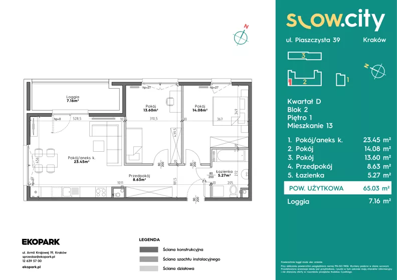 3 pokoje, mieszkanie 65,03 m², piętro 1, oferta nr D2-13, Slow City - Etap D, Kraków, Prądnik Biały, ul. Piaszczysta 39 - 41