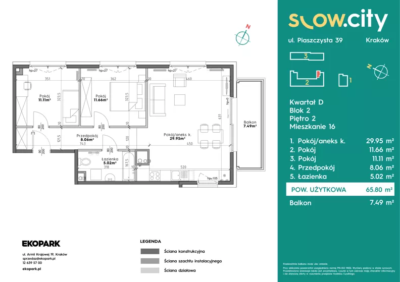 3 pokoje, mieszkanie 65,80 m², piętro 2, oferta nr D2-16, Slow City - Etap D, Kraków, Prądnik Biały, ul. Piaszczysta 39 - 41