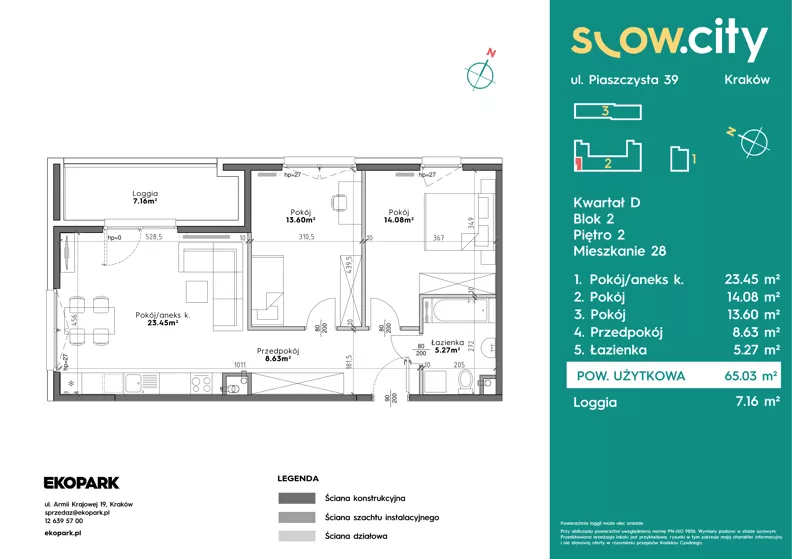 3 pokoje, mieszkanie 65,03 m², piętro 2, oferta nr D2-28, Slow City - Etap D, Kraków, Prądnik Biały, ul. Piaszczysta 39 - 41