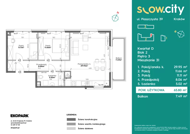 3 pokoje, mieszkanie 65,80 m², piętro 3, oferta nr D2-31, Slow City - Etap D, Kraków, Prądnik Biały, ul. Piaszczysta 39 - 41