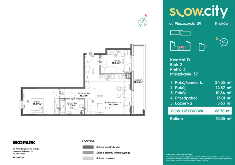 3 pokoje, mieszkanie 68,70 m², piętro 3, oferta nr D2-37, Slow City - Etap D, Kraków, Prądnik Biały, ul. Piaszczysta 39 - 41