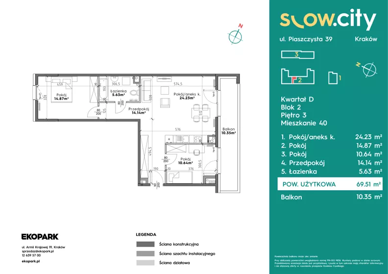 3 pokoje, mieszkanie 69,51 m², piętro 3, oferta nr D2-40, Slow City - Etap D, Kraków, Prądnik Biały, ul. Piaszczysta 39 - 41